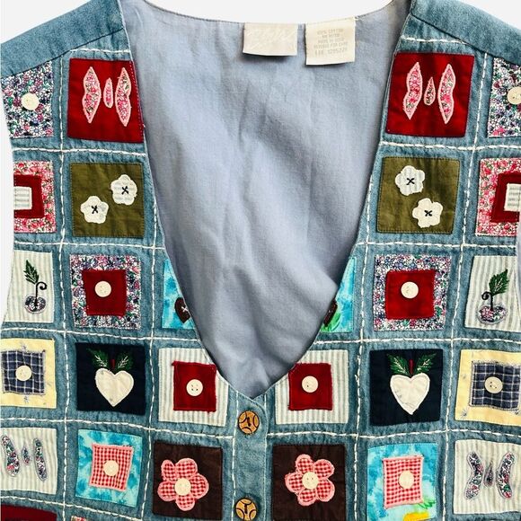 Vintage Patchwork Chambray Denim Vest Size Large Americana Folk Lightweight - Picture 2 of 5